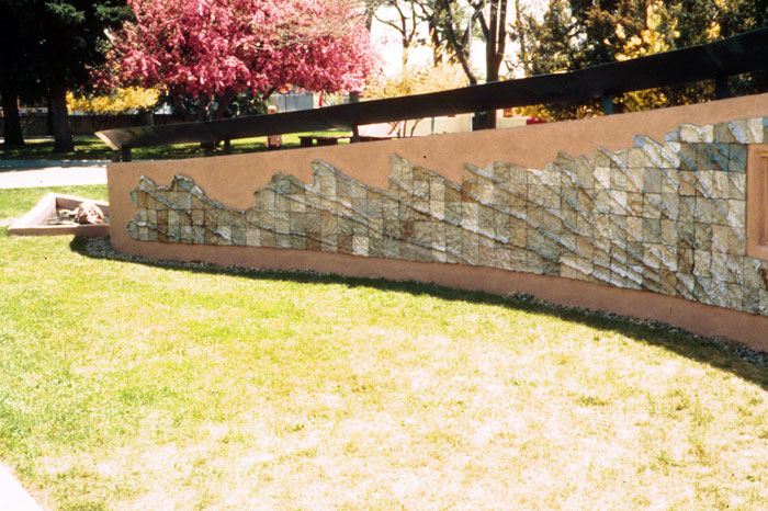 View of Sam Tubiolo's Riverwall project at the New Mexico School for the Deaf.