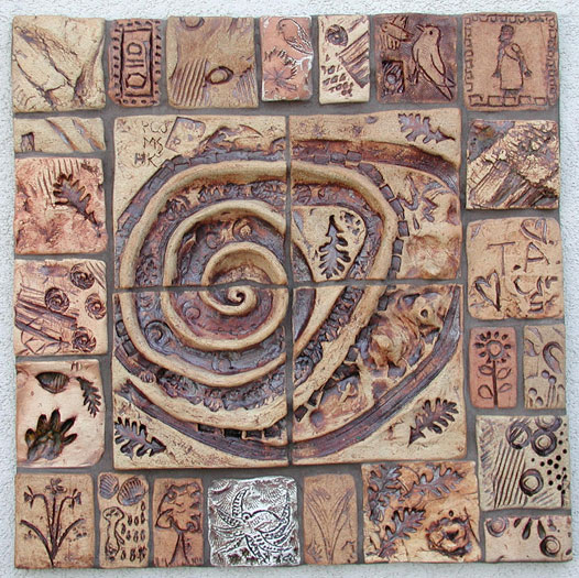 Handmade ceramic tile mural with labrynth motif at the Safe Harbor Crisis House in Woodland, Ca. 