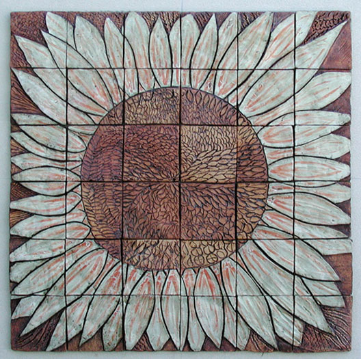 Handmade tile ceramic tile mural with sunflower motif at Safe Harbor Crisis House in Woodland, CA.