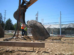 Crane releasing entryway boulder onto site at the Hazel Light Rail Station.