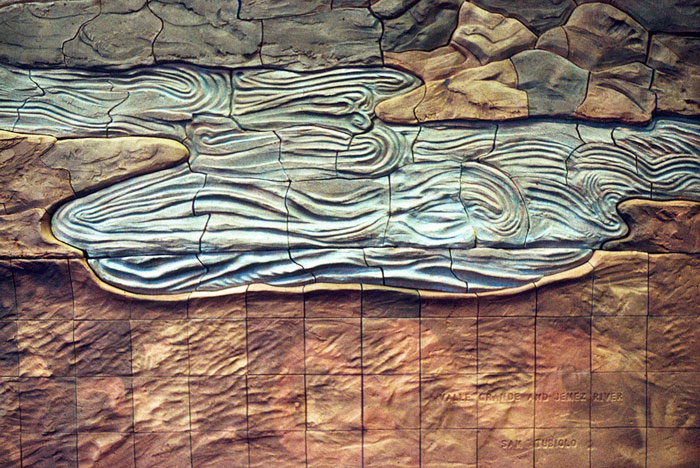 Detailed view of the Valle Grande and Jemez River tile installation by artist Sam Tubiolo.